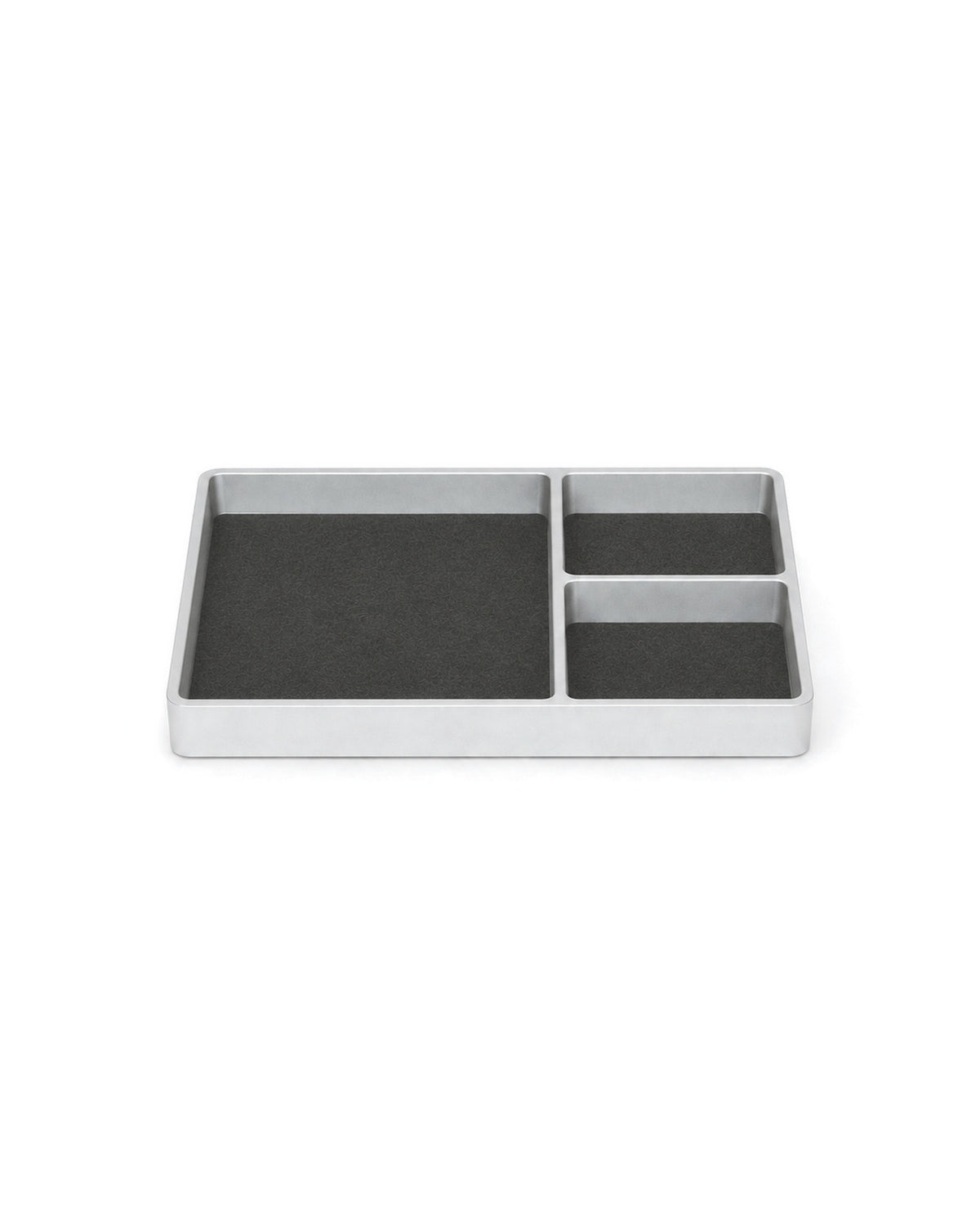 POSHPOSH Aluminium Tray in satin anodised aluminium, seen at a low angle, with one large and two small compartments