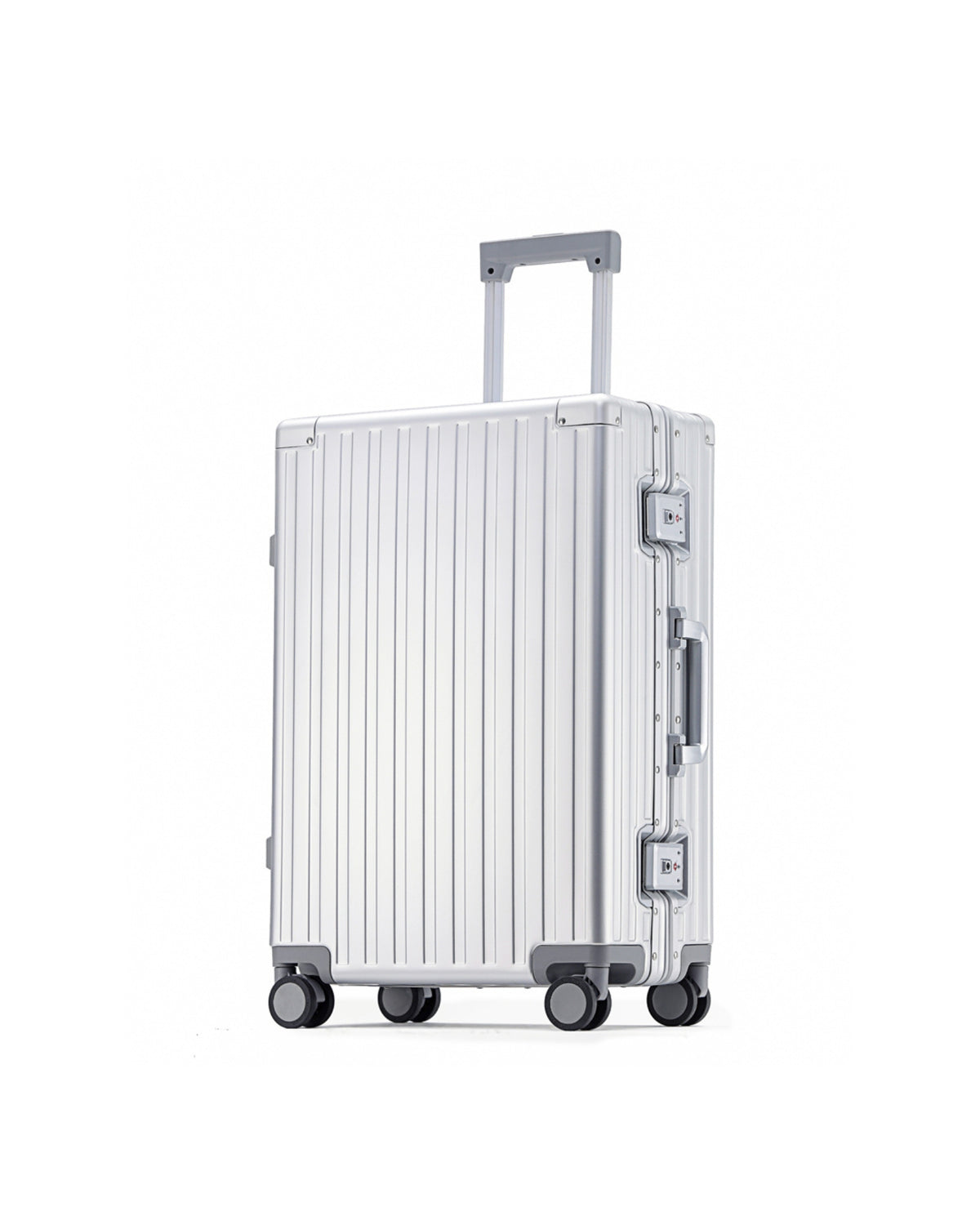 POSHPOSH Aluminium Cabin suitcase in anodised aluminium, side view with extended telescopic handle