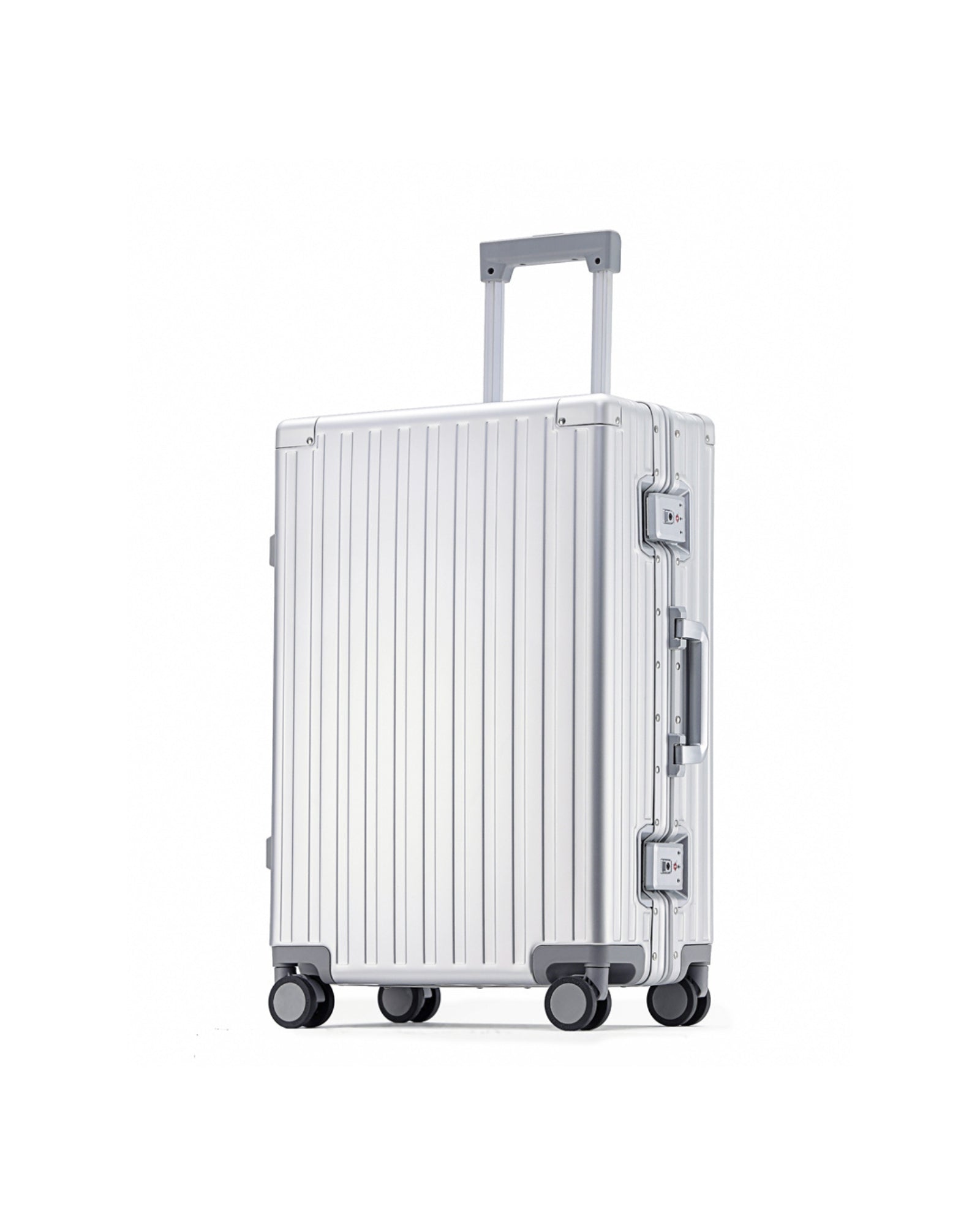 POSHPOSH Aluminium Cabin suitcase in anodised aluminium, side view with extended telescopic handle
