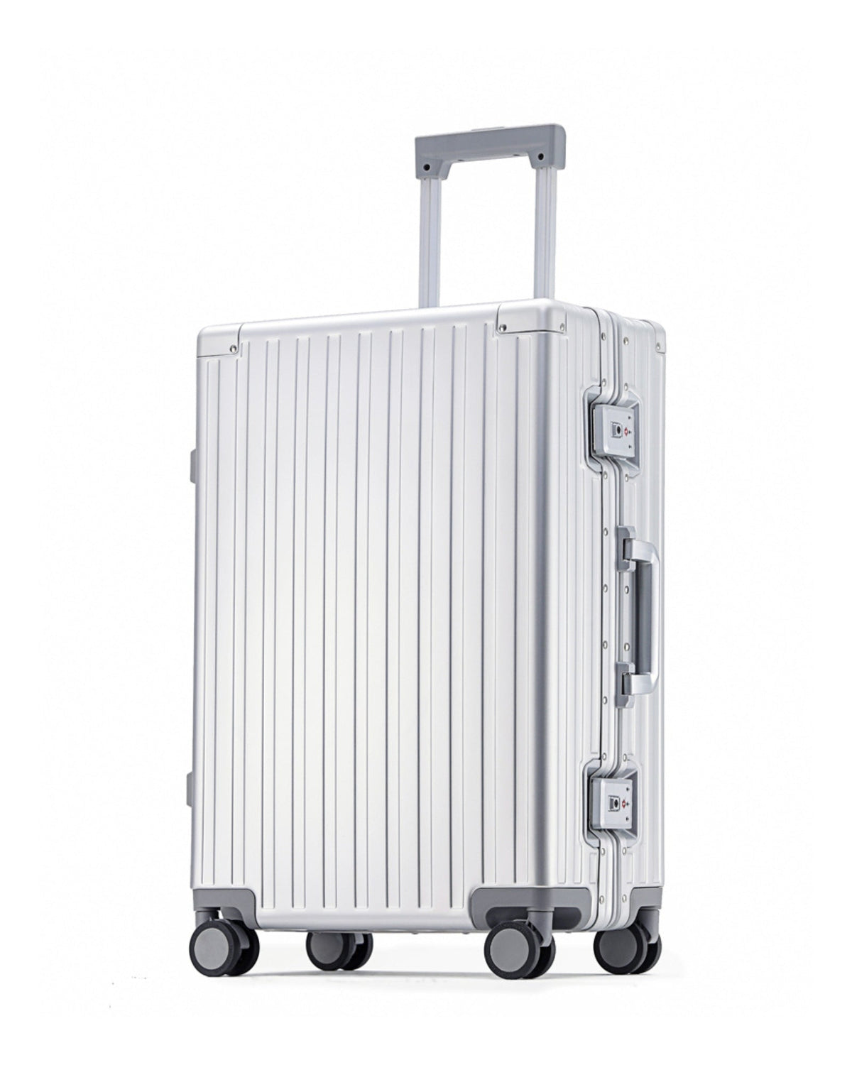 POSHPOSH Aluminium Trunk suitcase in anodised aluminium, side view with extended telescopic handle