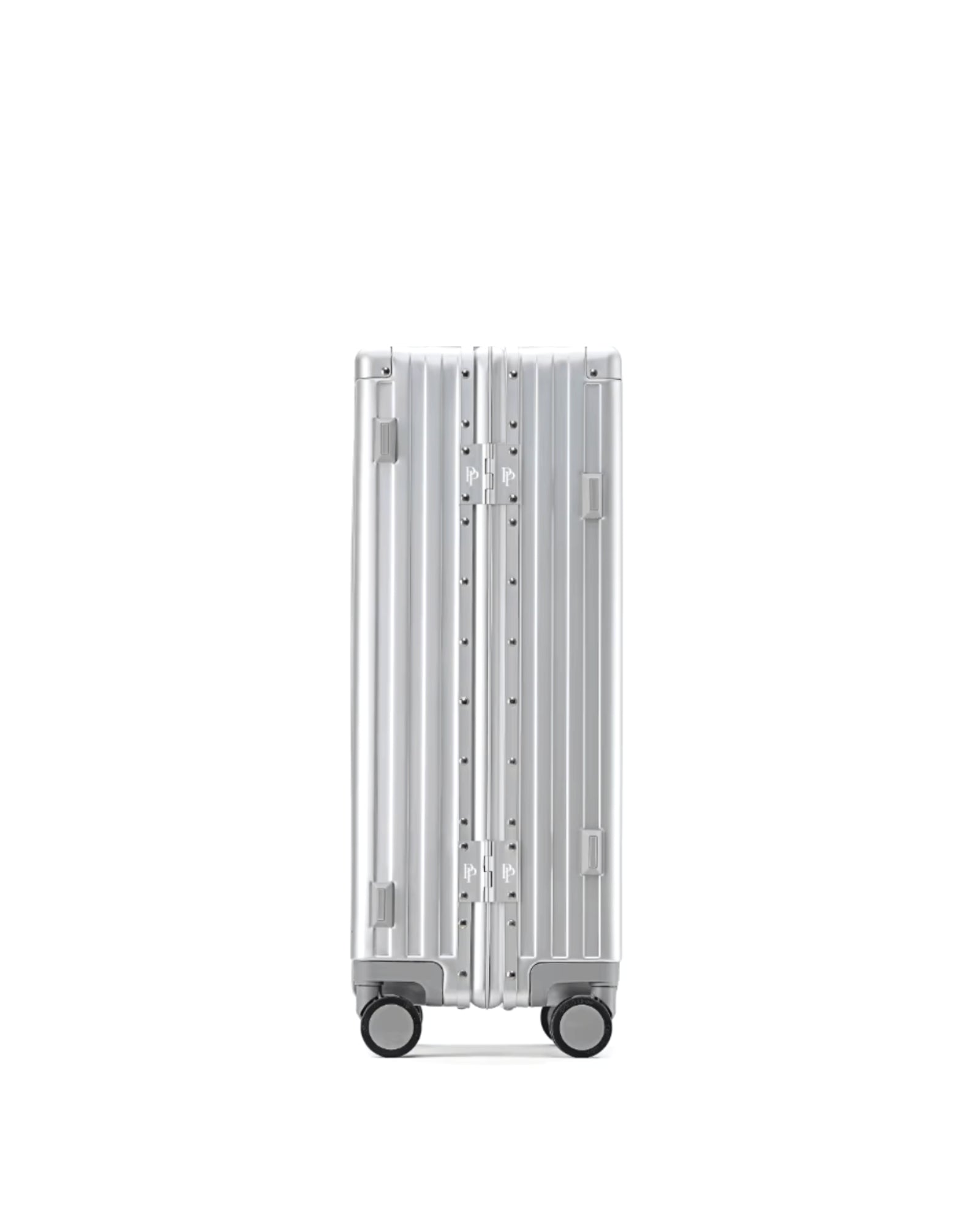 POSHPOSH Aluminium Cabin suitcase in anodised aluminium, rear view showing the vertical shell seam with dual PP monogram hinge plates