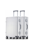 The POSHPOSH Aluminium Cabin Set - two anodised aluminium cabin suitcases side by side, telescopic handles extended
