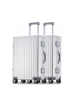 The POSHPOSH Aluminium Cabin Set - two anodised aluminium cabin suitcases side by side, telescopic handles extended