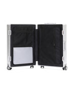 POSHPOSH Aluminium Cabin suitcase interior, open flat view showing mesh pockets, a zip compartment, and the central compression strap dividing both sides