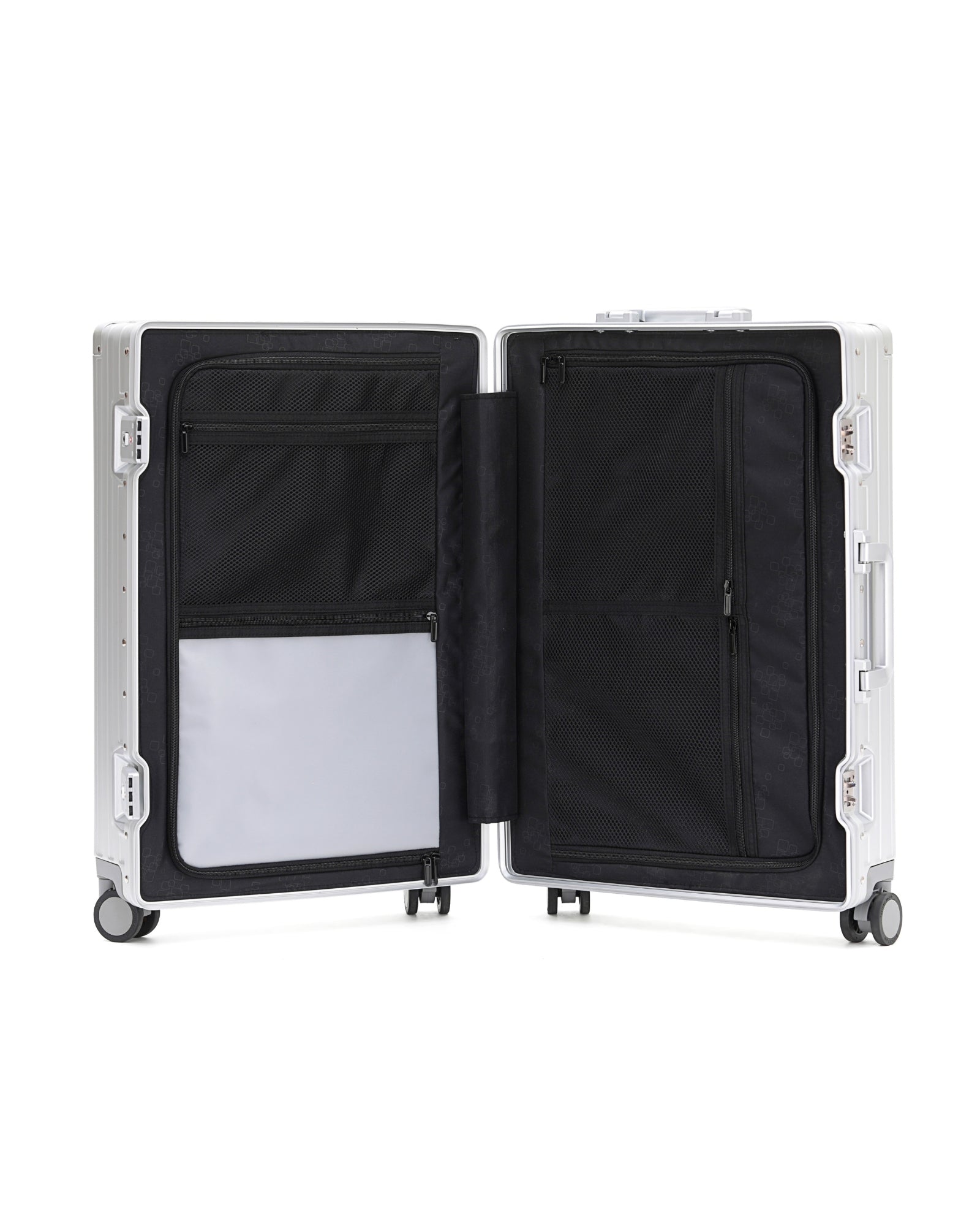 POSHPOSH Aluminium Cabin suitcase interior, open flat view showing mesh pockets, a zip compartment, and the central compression strap dividing both sides
