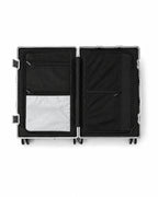 POSHPOSH Aluminium Cabin suitcase interior, open view showing the two mesh-lined compartments and zip pockets on both sides