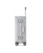 POSHPOSH Aluminium Cabin suitcase in anodised aluminium, side profile showing dual TSA-approved combination locks and telescopic handle