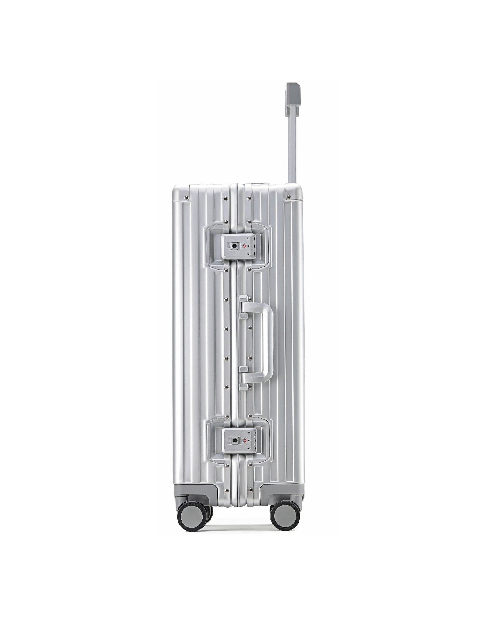 POSHPOSH Aluminium Cabin suitcase in anodised aluminium, side profile showing dual TSA-approved combination locks and telescopic handle