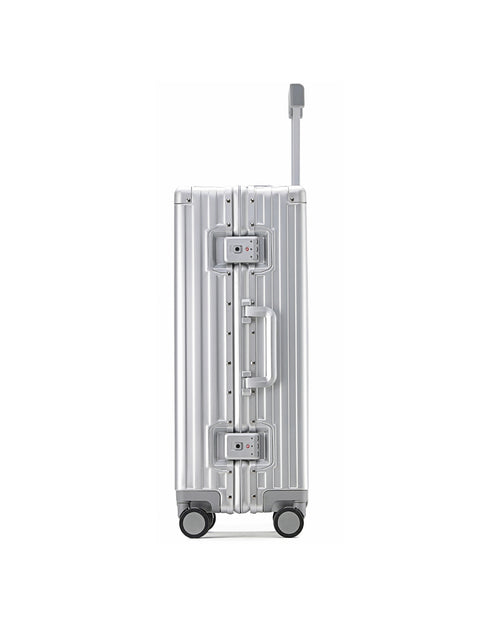 POSHPOSH Aluminium Cabin suitcase in anodised aluminium, side profile showing dual TSA-approved combination locks and telescopic handle
