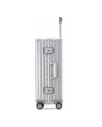 POSHPOSH aluminium suitcase side profile showing the dual TSA-approved combination locks and telescopic handle