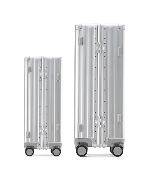 POSHPOSH Aluminium Cabin and Aluminium Trunk shown side by side in anodised aluminium, rear view with the PP monogram hinge plates
