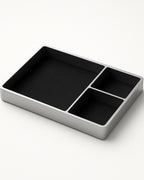POSHPOSH Aluminium Tray in satin anodised aluminium, three compartments with black inserts