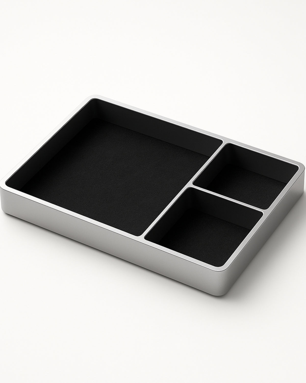 POSHPOSH Aluminium Tray in satin anodised aluminium, three compartments with black inserts